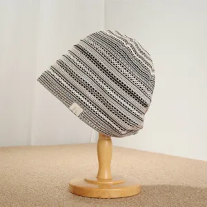 Retro striped knitted slouchy hat, casual spring summer versatile skull cap for daily wear.