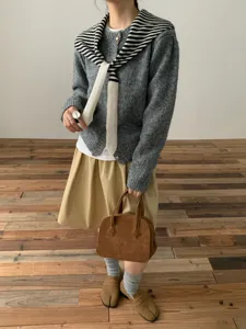 Women's Korean style winter knit cardigan with striped ribbon scarf and skirt fashion outfit set.