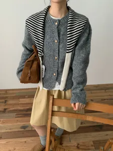 Korean style winter grey knit cardigan with black white stripe scarf and khaki skirt set