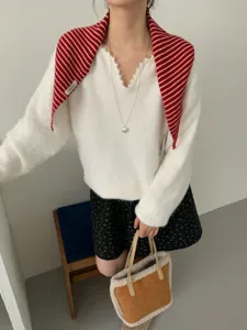 Bufanda triangular de punto a rayas rojas y blancas estilo coreano otoño invierno pañuelo cálido
