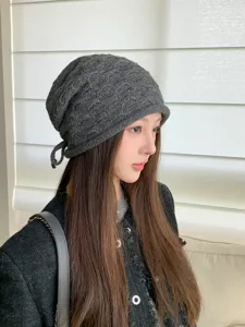 Damen Beanie Mütze Grobstrick Herbst Winter Fischschuppen Kordelzug Rollrand Mütze