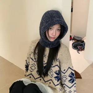 Mujer tejido pasamontañas invierno cálido capucha sombrero estilo coreano color contraste