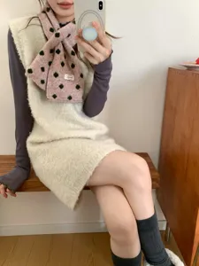 Retro polka dot knit cross scarf for women stylish winter warm neck wrap accessory