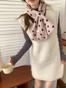Women pink polka dot knitted crossover scarf winter warm fashion neckerchief detail view