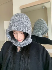 Pasamontañas de punto gris gorro con capucha de invierno cálido para mujer acogedor