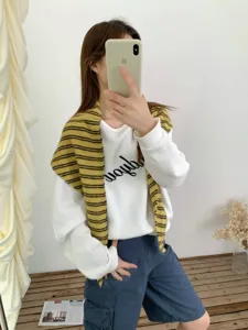 Korean striped knit scarf shawl and casual sweatshirt outfit for autumn winter daily fashion look.