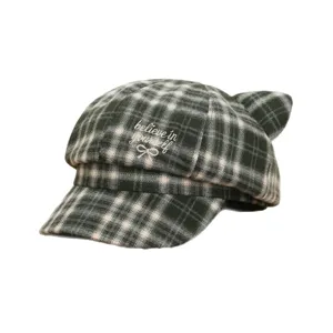 Gorra octogonal a cuadros con orejas de gato estilo coreano para mujer, boina bonita.