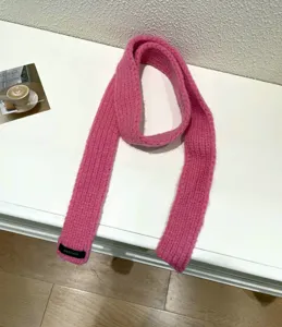 Pink knit ribbed slim winter scarf, cozy wool neck warmer, soft decorative baguette scarf.