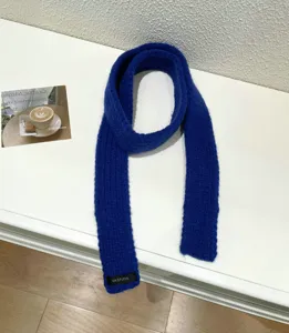 Royal blue knitted thin baguette scarf solid color vintage woolen neckerchief winter fashion