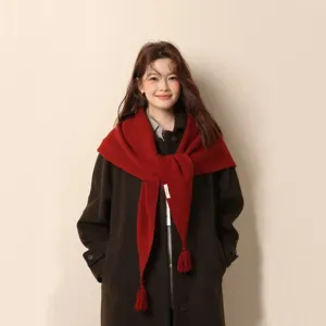 Rotes Strick Dreiecktuch mit Quasten, kuscheliger Wolle Schal fuer Damen Winter Warm.
