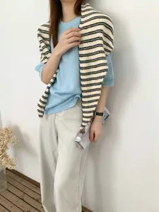 Korean style striped knit triangular shawl scarf for women versatile autumn winter fashion neck wrap