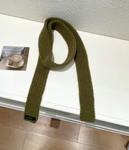 Olive green knitted mini scarf, cozy winter neck warmer, stylish solid color baguette scarf.
