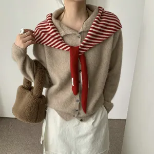 Winter Pure Wool Striped Triangular Scarf For Women Korean Style Ribbon Contrast Color Fashion Warm Daily Shawl Scarf