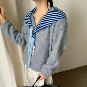 Korean style winter wool knitted sweater with striped scarf shawl top for women daily wear