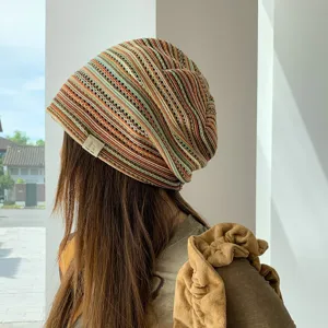 Retro Striped Knit Slouchy Beanie Hat For Women Spring Summer Fashion Casual Breathable Skull Cap Warm Daily Headwear