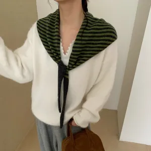 Korean winter new pure wool striped ribbon triangular scarf versatile stylish shawl for women
