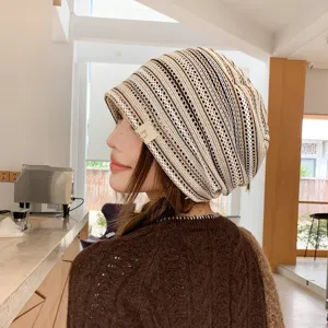 Retro striped knit slouchy beanie for women, spring summer fashion versatile trendy hat.