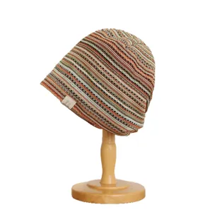 Retro striped knitted beanie hat for women, lightweight spring and summer casual style.
