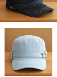 Detailansicht der Vintage Denim Flachdeckel Mütze mit dekorativer Metallschchnalle.