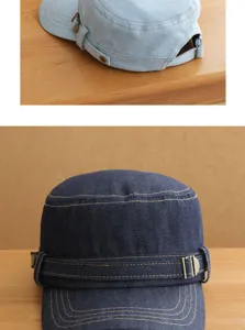 Nahaufnahme der Jeans-Kadettenkappe mit Metallschnalle, Retro-Militärhut mit Stofftextur.