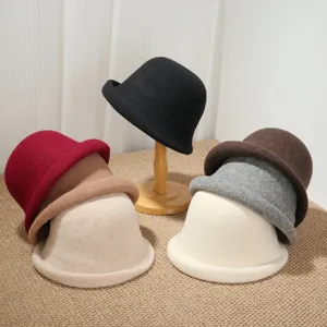 Women Vintage Wool Felt Cloche Hat Casual Retro Rolled Brim Bucket Bowler Hat Winter Warm Solid Color Fashion Hat