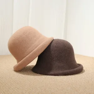 Details of retro wool felt cloche bucket hat, elegant short rolled brim, autumn winter hat.
