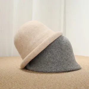 Vintage rolled brim wool felt bucket hat for women, elegant autumn winter short brim bell cap.