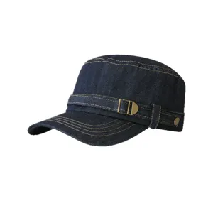 Elegante dunkelblaue Jeans Cadet Mütze mit Ziernähten und Metallschnalle für Damen.