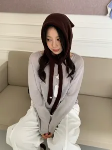 Bufanda con capucha de cinta 100% pura lana coreana chal de invierno cálido tejido