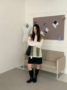 Koreaanse stijl vintage groen gebreide sjaal overhemd korte broek laarzen set dames