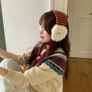 Koreanischer Stil Gestreifte Gestrickte Ohrschützer Für Damen Winter Warm Winddicht Kunstwolle Ohrenwärmer Mit Bindeband