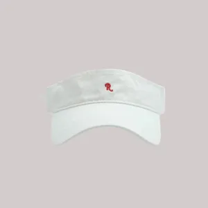 Detail shot of white summer sun visor hat featuring red letter R embroidery, clear view.