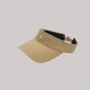 Khaki empty top sun visor hat detail showcasing white letter embroidery and adjustable back strap.