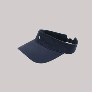 Navy blue cotton sun visor hat detail view, showing the embroidered letter R and adjustable strap.
