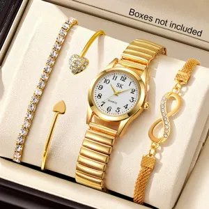 Dames Goud Quartz Horloge En Strass Armband Armring Sieraden Combinatie Zakelijke Mode Elastische Band Polshorloge Geen Box