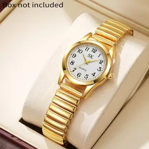 Elegant gouden kwarts dameshorloge met elastische rekbare band en wit wijzerplaat.