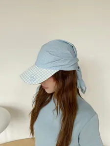 Casquette de baseball cache-nez d'été anti-UV en bleu clair à pois et motif à carreaux.
