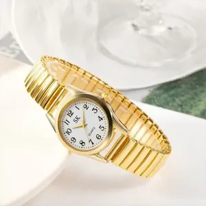 Gouden dames quartz horloge met elastische metalen band en witte wijzerplaat cijfers
