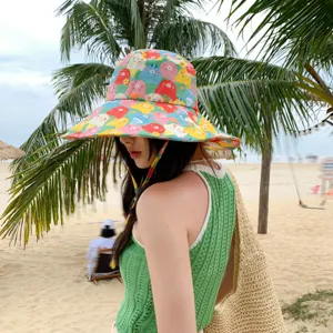 Chapeau seau à large bords imprimé dessin animé mignon d'été pour femmes, anti-UV plage.