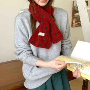 Retro polka dot knitted cross scarf for women, cozy winter neckerchief and warm collar wrap.