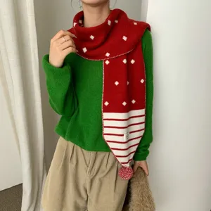 Écharpe en tricot à rayures et pompon style coréen pour femme écharpe chaude d'hiver douce.