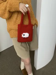 Bolso de mano de punto rojo con bonito patrón de oveja, bolso bandolera casual para mujer.