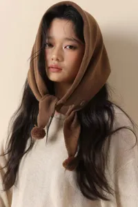 Autumn winter knitted pom pom triangular scarf women wool blend stylish balaclava neck warmer
