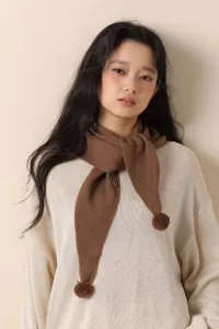 Women wool knitted triangular scarf winter fashion pom pom neck warmer brown shawl bib.
