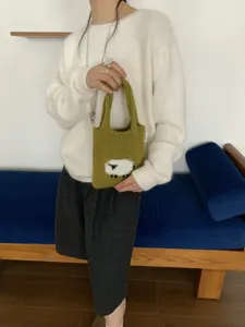 Lindo Bolso de Mano Tejido de Punto de Oveja de Dibujos Animados para Mujer Estilo Coreano Lana Acrílica Mini Bolso Casual
