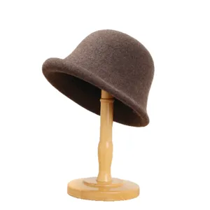 Vintage wool felt cloche hat for women, retro rolled brim bucket hat for autumn and winter style.