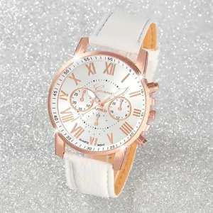 Elegant rose gold watch detail featuring white leather strap, Roman numerals and quartz movement.