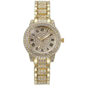 Montre quartz femme or strass de luxe avec cristaux scintillants et chiffres romains classiques.