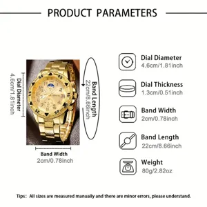 Men's luxury gold steel quartz watch with 4.6cm dial, 22cm band length, and 80g weight.