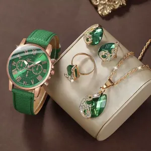 Elegant emerald green quartz watch and matching jewelry set with rose gold finish and crystals.